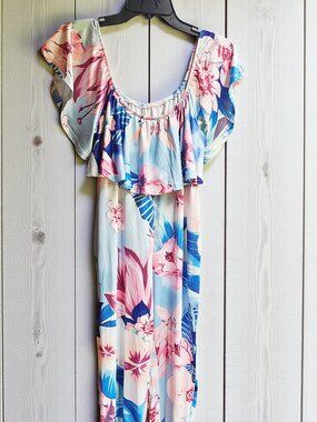 Women's XL  One Piece Tropical Blue & Pink Floral Off-Shoulder Ruffle Jumpsuit